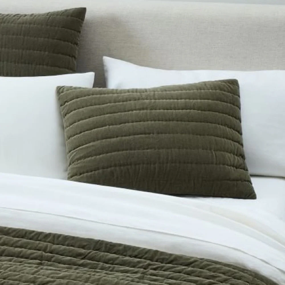 West Elm Dark Olive Cotton Velvet Pick Stitch Sham